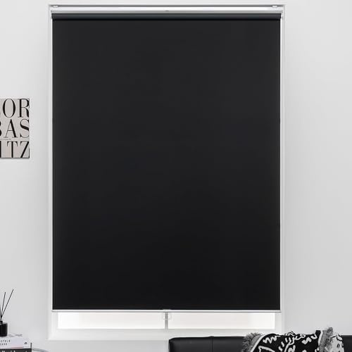 KALYSIE Cordless Roller Shades 100% Blackout Blinds for Windows and Doors, Pull Down Room Darkening Window Shades, Easy to Install for Home and Office, Black, Fixed 75 Inches High, 35 Inches Width