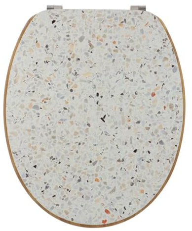 TENDANCE - Abattant WC MDF 18 Pouces Couvercle Design Imprimée et Assise Façon Bambou Attaches Acier Inoxydable - Terrazzo - Salle de Bain - Abattants Universel - Lunette de Toilette