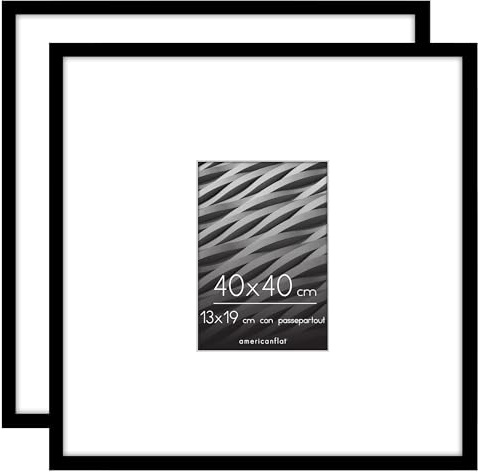 Americanflat Cornice 40x40 cm Nera - Set di 2 Cornici Foto 13x19 cm con Passepartout o 40x40 cm Senza Passepartout - Portafoto con Bordo Sottile in PVC e Pannello Protettivo in Plastica