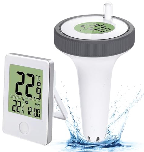 Termómetro Flotante para Piscina, Termómetro de Piscina Inalámbrico, Termómetros Piscinas Digital con Receptor Inalámbrico LCD, Termómetro Wireless para Interior/Exterior Piscinas Spas Jacuzzis