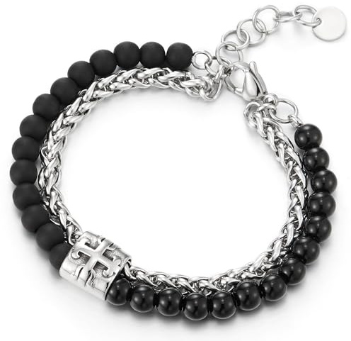 COOLSTEELANDBEYOND Schwarz Perlen Armband mit Kreuz Charme, Herren Damen, Zwei Strang Edelstahl Fuchsschwanz Weizen Ketten