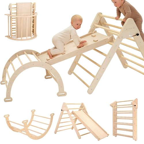 Pillowhale Extra‑Large Montessori Wooden Climbing Triangle Set—Foldable Toddler Gym Triangle, Climbing Ramp & Arch, Indoor Playground for Toddlers 12+ Months