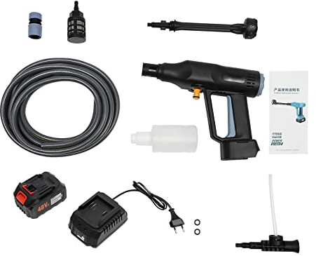 Batteridriven högtryckstvätt, 380 W bärbar högtryckstvätt med 6-i-1 munstycke, laddare, 15 000 mHA batteri, 13,5 l/min, för biltvätt, hushållsrengöring