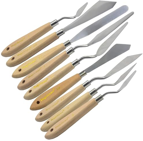 9pcs Paint Palette Spatula Small Art Craft Spatula Acrylic Oil Tool Plastic Pallet Kit Stainless Steel Wooden Handle Scraper Set Large Watercolour Camping Mini Canva Rock Painting Spray Artist Supply