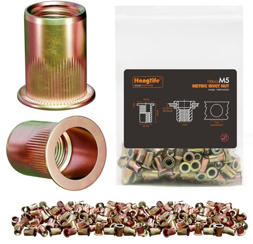 HANGLIFE Écrous à Sertir, M5 Metric Insert Fileté Metal (100 Pièces) - Écrous à Tête Plate, Plaqués Zinc, en Acier au Carbone avec Corps Nervuré, Écrou d'Insertion Filetés