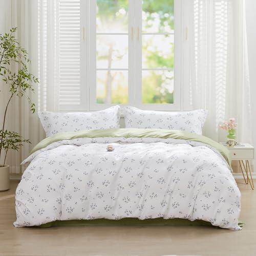 SAPHREAS Full Duvet Cover White Cute Floral Bedding Set with 8 Corner Ties and 2 Pillow Shams Microfiber Reversible Duvet Cover Set with Zipper Closure?Green