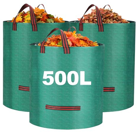 Robuste Gartenabfallsäcke mit Griffen, große Gartensäcke, wiederverwendbar, wasserdicht, Gartensack für Gartenabfälle, Pflanzenabfälle, Gras und Blätter, 500 l x 3 Stück