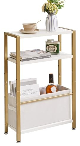 Aibiju Table D'appoint Étroite, Table D'appoint Fine à 3 Niveaux avec Panier en Tissu, Table de Canapé Moderne pour Espaces Étroits et Petits, avec Cadre en Métal Doré, Blanc YD-TM052J