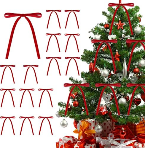 30pcs Velvet Bows Christmas - Red Velvet Ribbon Bows for Xmas Tree Decorations, Vintage Style Wedding Gift (Red)