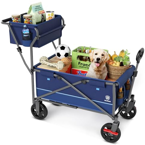 EVER ADVANCED Carro de Transporte Plegable Empujar&Tirar con Freno, Cesta de Compra, portavasos, Bolsillo Lateral, Carrito Plegable, Carro Playa hasta 100kg para Camping, Playa, Compras