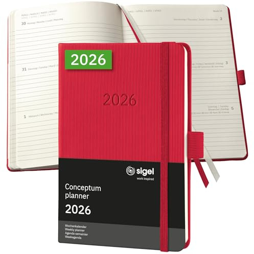 SIGEL C2665 Wochenplaner Wochenkalender 2026, ca. A6, rot, Hardcover, 176 Seiten, Gummiband, Stiftschlaufe, Archivtasche, aus nachhaltigem Papier, Kalenderbuch Conceptum