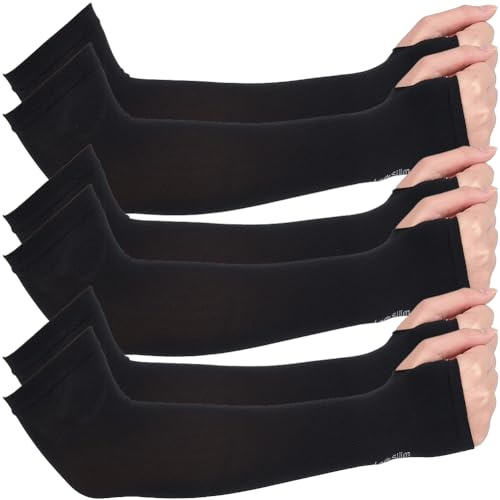 CABODYALS 3 Pairs Black UV Compression Sun Protection Arm Sleeves Cooling Summer Sunscreen Cover Up Tattoo Outdoors Long Sleeve with Thumb Holes for Women Men Sports Workout Cycling Driving Gardening