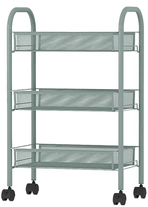 simpa 3 & 4 Tier Metal Multipurpose Wheeled Storage Basket Trolley Utility Carts. (Dark Green, 3 Tier)