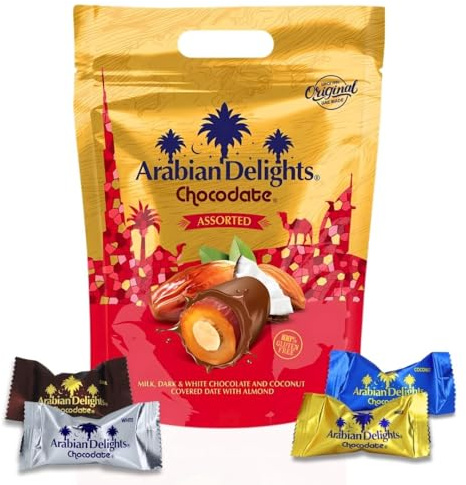 Intense Delish Chocolate Covered Almond Stuffed Dates - Arabian Delights Chocodate Assorted Pouch 460g – Premium Chocolate Dates Gift Pack in Milk, Dark, White & Coconut Chocolates Varieties