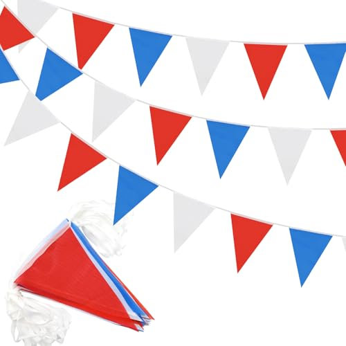80pcs Waterproof Fabric Bunting,40m Red Blue and White Bunting for Outdoor Garden Party Decorations