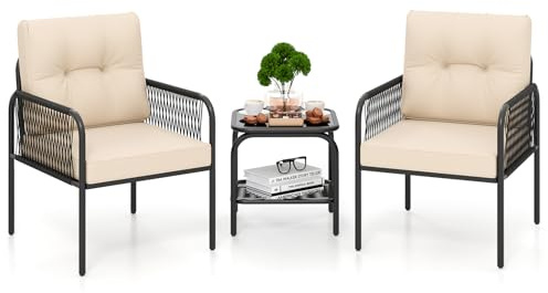 GYMAX 3-teiliges Gartenmöbel Set, PE-Rattan Sitzgruppe mit 2 Stühlen, Tisch aus Glas & Kissen für Rückenlehne & Sitzfläche, Bistro Set für Hof, Garten & Balkon