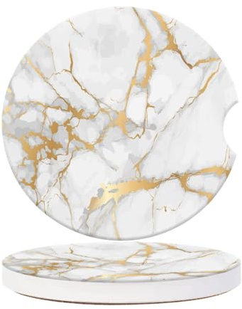Sottobicchieri per portabicchieri per auto per donne e uomini, confezione da 2 inserti in ceramica con marmo oro bianco, eleganti accessori per interni auto con tacca per una facile rimozione 16,5 cm