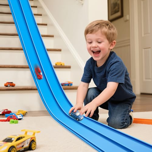 INKZOO Flex Track Pro 4,5 m startset, flexibel racerbana för barn från 3 år, racerbil rampbana, kompatibel med Hot Wheels och formgjutning, 1/64 bilar, bärbara Rolls Up racerbanor med