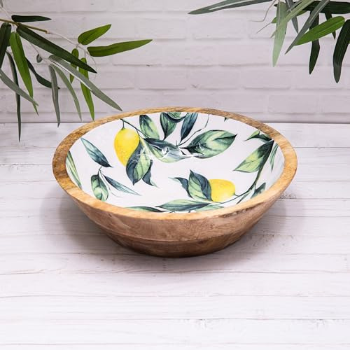 Annibells Mango Wood Enamelled Lemons and Leaves Salad Serving Bowl Decorative Fruit Dish