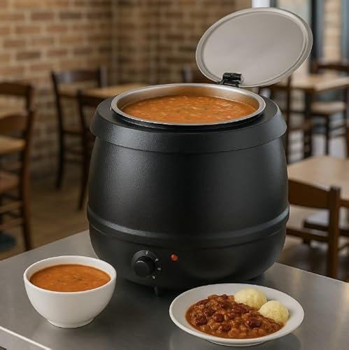 Electric Soup Kettle, 10L Capacity, Black, Temperature Range 35°C-95°C, Commercial and Home Food Warmer