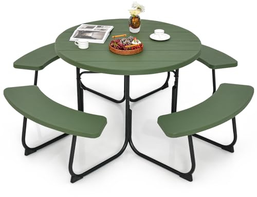 COSTWAY Sitzgarnitur für 8 Personen, Picknicktisch mit Schirmloch & 4 Bänken, runder Gartentisch mit HDPE-Tischplatte und Metallgestell, Gartengarnitur, Gartenmöbel, Sitzgruppe für Garten, Grün