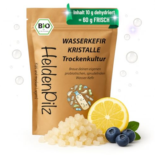 HeldenPilz® BIO Set iniziale per Kéfir d'acqua – kefir con tuberi di attivi | Acquista funghi Cristalli di kefir-d'acqua biologici | crescita rapida (10g disidratati/60g freschi)