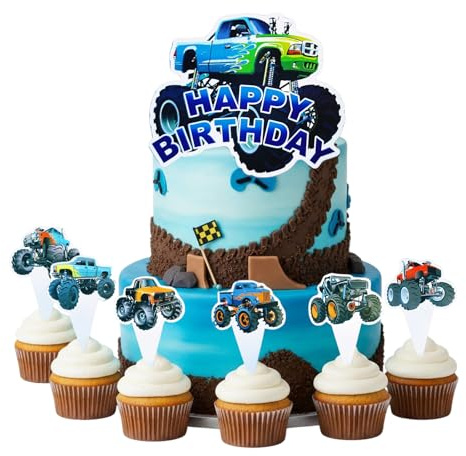 25 Stück Auto Tortendeko Monster Truck Geburtstag Deko Happy Birthday Cake Topper Auto Muffin Deko Cars KuchenDeko für Kindergeburtstag Kuchen Cupcakes Ideal Jungen