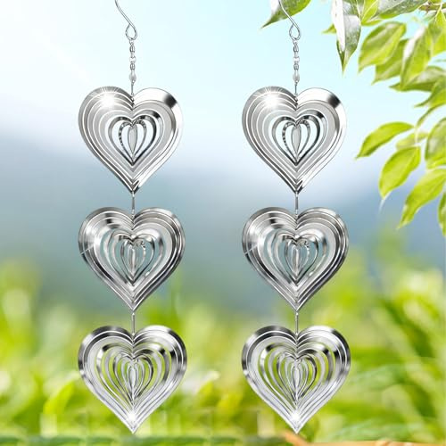 YOUNGSAY 2 Stück Windspiel Metall Herz, Silber Herzförmige 3D Vogelabwehr | Edelstahl Metall Spinner HängendHerzförmig Vogelschreck Vogelabwehr für Garten, Bauernhof, Wohnzimmer, Korridor, Hof, Balkon