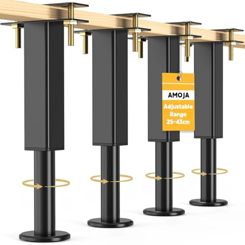 AMOJA Lot de 4 Pieds de Lit Réglables 25-43 cm,Métal Pied Sommier à Lattes | 450 kg de Charge, en Acier Robuste avec Base Antidérapante, Stabilité Renforcée et Protection du Sol pour Lit et Sommier