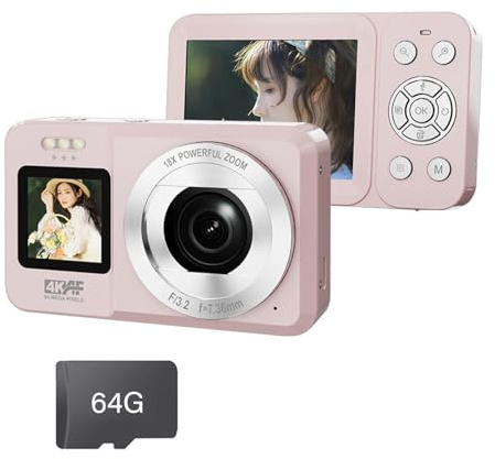 Cámara de viaje de doble pantalla 4K UHD de 64 MP, zoom de 18X, para la escuela juvenil y las aventuras
