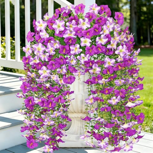Kunstblumen Hängend wie Echt 2 Stück Petunien Künstliche Hängepflanzen | Seidenblumen, UV-Beständig Künstliche Blumen, Helles Lila, Künstlich Hängende Pflanzen Blumen für Draußen Balkon Garten Dekor