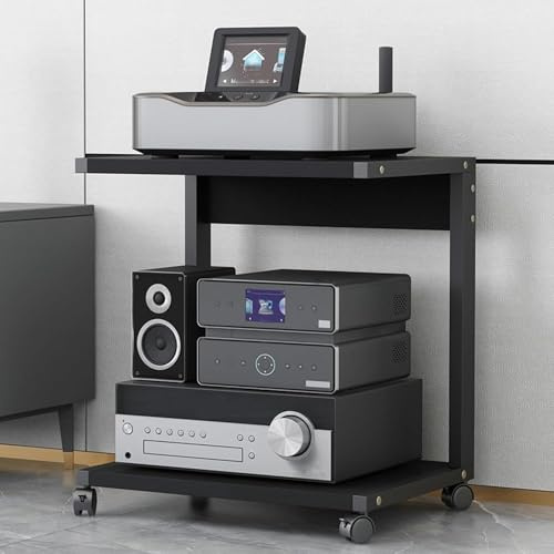 Mueble Torre para Soporte Audiovisual de Doble Capa, Estante para vídeo con Ruedas, Soporte para Consola de Videojuegos, Apto para TV/Reproductor de DVD/CD, A, 20 × 16 × 26 Pulgadas / 50 × 4