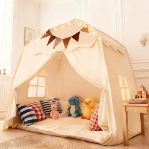 Kimglurs Kids Play Tent with Star Lights and Flags, Indoor Outdoor Playhouse for Boys and Girls, Large Foldable Castle Tent for Imaginative Play and Reading, 56 x 35 x 60 Inch