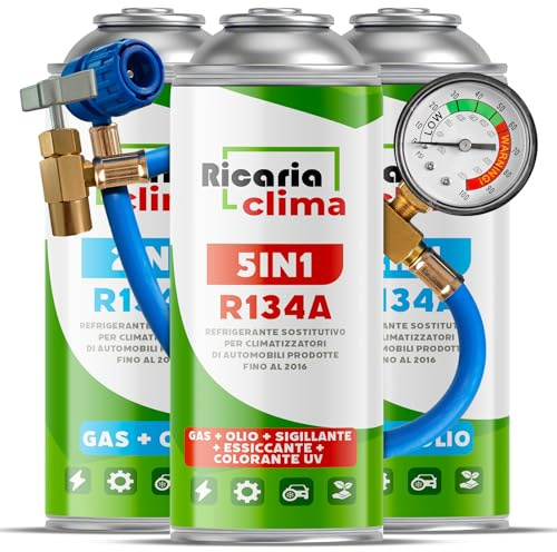 Ricaria Clima 5 en 1 – Recarga de Aire Acondicionado para Coche R134a 235 g + 2X R134a XL 235 g, Cada Caja con Aceite, sellador de Fugas, trazador UV y deshidratante – Lote con Manguera