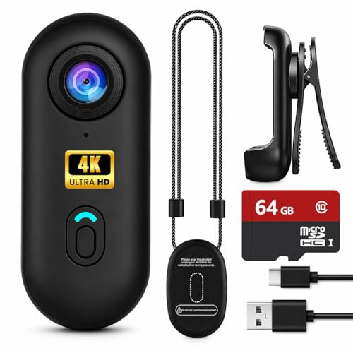 4K Mini Action Camera, Portable Vlogging Camera with 64GB/128GB Card, Wearable Body Cam with WiFi App Control, 4K Recording, Waterproof Case, Helmet & Bike Mount (4K Basic Kit + 64GB Memory Card)