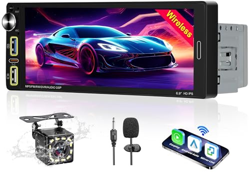 Radio Coche Bluetooth 1 DIN Compatible Apple CarPlay y Android Auto inalámbrico,Reproductor de Pantalla Coche táctil de 6,9’‘,FM/Am/Mirror Link/Tipo C/Bluetooth Manos Libres,cámara de visión Trasera