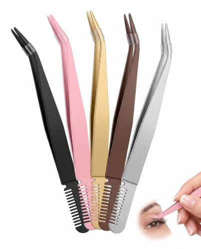 FAKZEP Juego de 5 Pinzas para Pestañas de Acero Inoxidable con Peine, Aplicador de Precisión para Extensiones de Pestañas y Cluster Lashes, 5 Colores para Fácil Colocación