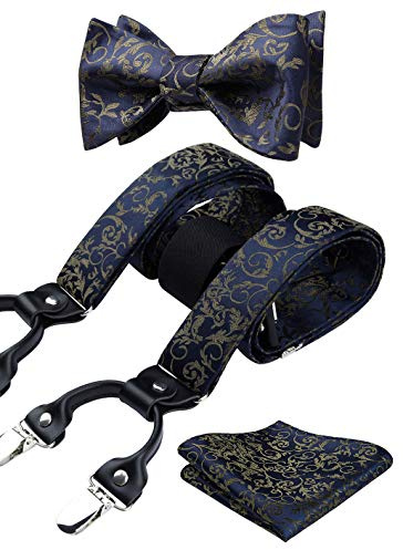 HISDERN Blau Hosenträger für Herren Paisley Y Form mit 6 starken Clips Längenverstellbar Herren Hosenträger und Fliege mit Einsteckuch…