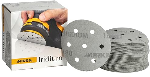 Mirka papel de lija Iridium Ø 90 mm cierre adhesivo 7 agujeros grano 180 | Papel de lija premium grano 180 para lacas masillas imprimación madera acero plásticos alta durabilidad y rendimiento