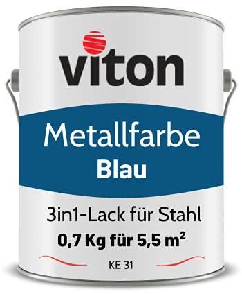 Viton Metallfarbe in Blau - 0,7 Kg Metall-Schutzlack Seidenmatt - Dauerhafter Schutz & hohe Beständigkeit - 3in1 Grundierung & Deckfarbe - Metalllack direkt auf Rost - KE31 - RAL 5010 Enzianblau