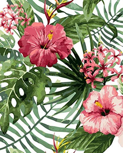 Awesocrafts Malen nach Zahlen-Set, tropische Blumen, Blätter, Pflanzen, Zahlengemälde für Erwachsene und Kinder, 40 x 50 cm, (tropisch, kein Rahmen)