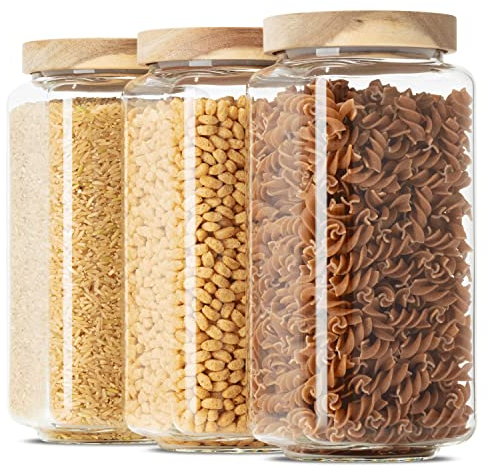 Econovo® Vorratsgläser eckig Set mit Deckel 1200ml (3-teilig) aus mundgeblasenem Borosilikatglas, stapelbar und luftdicht, Vorratsdosen Glas-Behälter Set eckig für Lebensmittel groß und klein