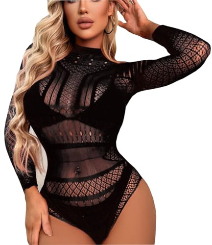 Lingerie sexy da donna, body in mesh Sheer, a maniche lunghe, biancheria intima, biancheria intima, body da donna, erotica