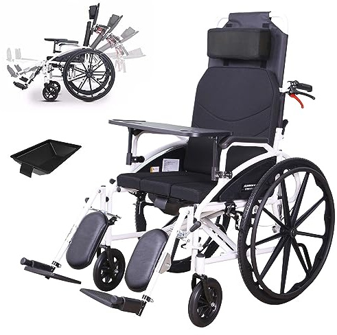 Lightweight Wheelchair for Adults, Full Reclining Folding Transport Wheelchairs with High Back & Removable Headrest, Self-Propelled Manual Wheelchairs Scooter with Tray Table & Bedpan, 18.5Seat, U.S