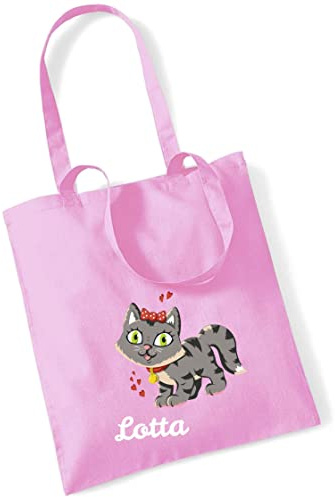 minimutz Jutebeutel Kinder mit Katze und Name bedruckt | große Stofftasche Baumwolle Mädchen | Personalisierter Kitabeutel für Wechselwäsche (rosa)