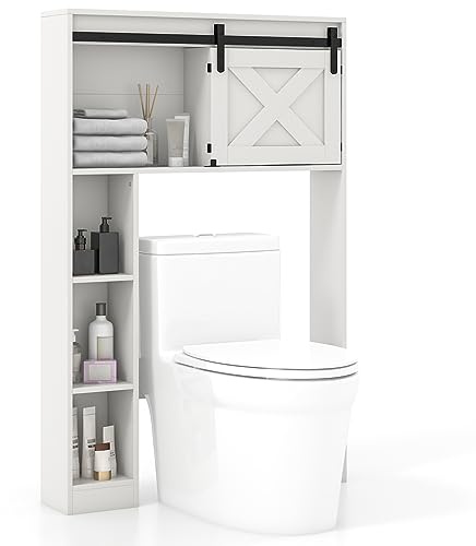GOPLUS Toilettenschrank mit Ablagefächern, Toilettenregal aus Holz mit Schiebetür, Badschrank, Badregal Vintage für Badezimmer, Wäscheraum, 84 x 17 x 128cm, Weiß