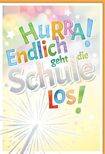 KE - Knallige Glückwunschkarte zur Einschulung, exklusive Folienprägung, B6 Format 17,0 x 11,5 cm, inklusive Umschlag, Karte für den Schulanfang, Motiv: Feuerwerk