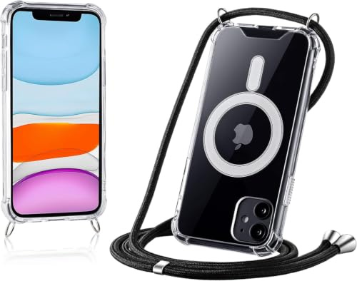 JProtect für iPhone 11 Hülle mit Band und MagSafe – Magnetische Handykette für iPhone 11 Magnet – Durchsichtige Umhängehülle Band Schwarz – Kette Handyhülle für MagSafe Zubehör