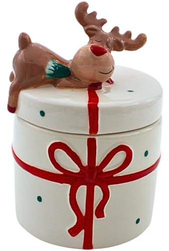 Dekohelden24 Keramik Weihnachtsdose - Keksdose - Dose mit Deckel als Geschenk mit Elch, in weiß, Maße L/B/H ca. 10 x 10 x 14 cm