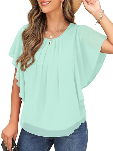 QIXING Womens Summer Blouses Casual Ruffle Sleeve Loose Round Neck Chiffon Flowy Ladies Tops Tunic for Women UK (Light Green, L)